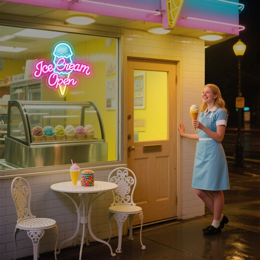Ice Cream Neon Open Signs,Ice Cream Neon Signs for Wall Decor,Adjustable Brightness Led Neon Open Signs for Business Store,Cafe,Bar,Party,Bedroom Decor,Birthday,Christmas