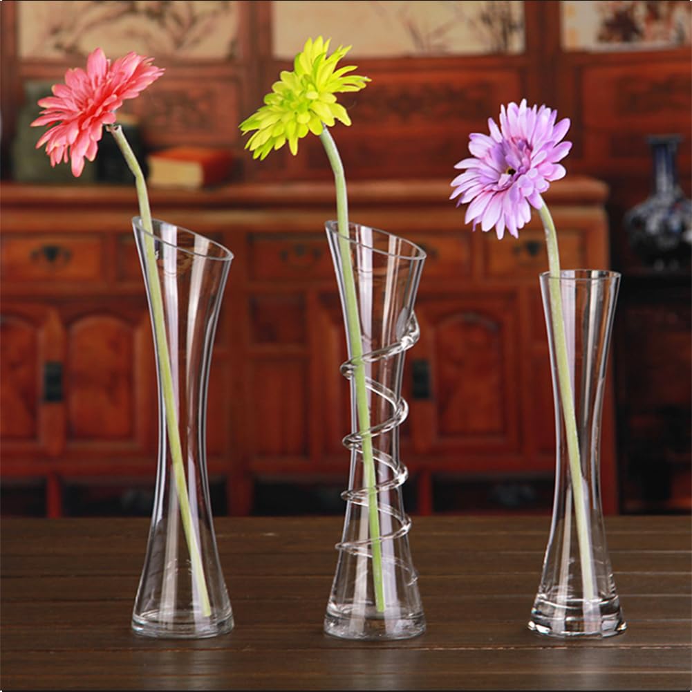 VANTOBEST Hand-Made Blown Art Bud Glass Vase, Clear Glass, Oblong Shape, Modern Style, Thread Pattern, Stemless, Perfect for Home Decorations