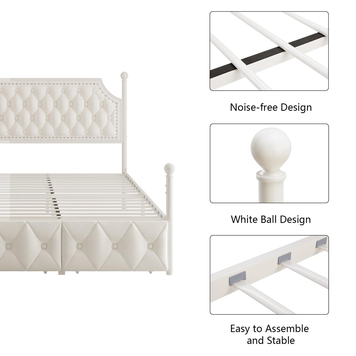 Keyluv King Upholstered Canopy Bed Frame with 3 Drawers and Button Tufted Headboard, Metal Platform Bed with 4 Removable Posts, Two-Purpose Velvet Bed No Box Spring Needed, Beige/Curtains Not Included