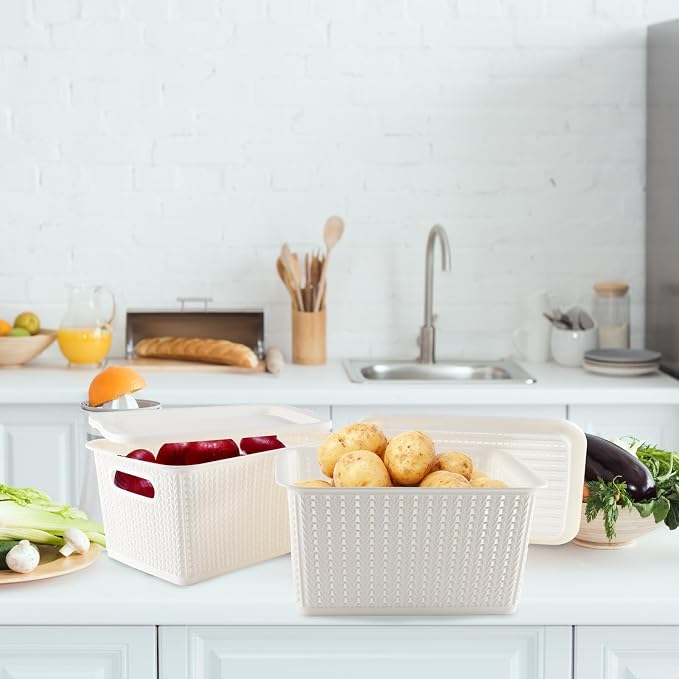 Onion and Potato Storage Bins,Stackable Plastic Pantry Bins with Lids,BPA-Free,Potatos and Onions Storage Baskets for Kitchen (White)