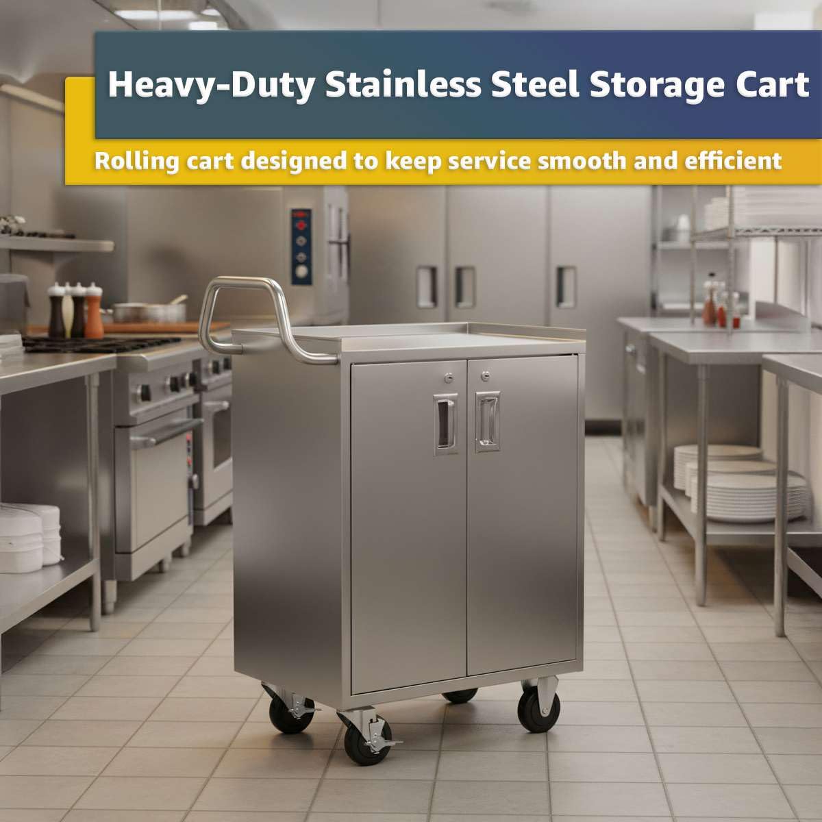 16" x 24" Stainless Steel Utility Cart with Enclosed Base and Locking Doors - 3 Shelf Heavy-Duty 18-Gauge 304 Steel Rolling Cabinet - NSF Commercial Service Cart for Kitchen, Catering, Restaurant