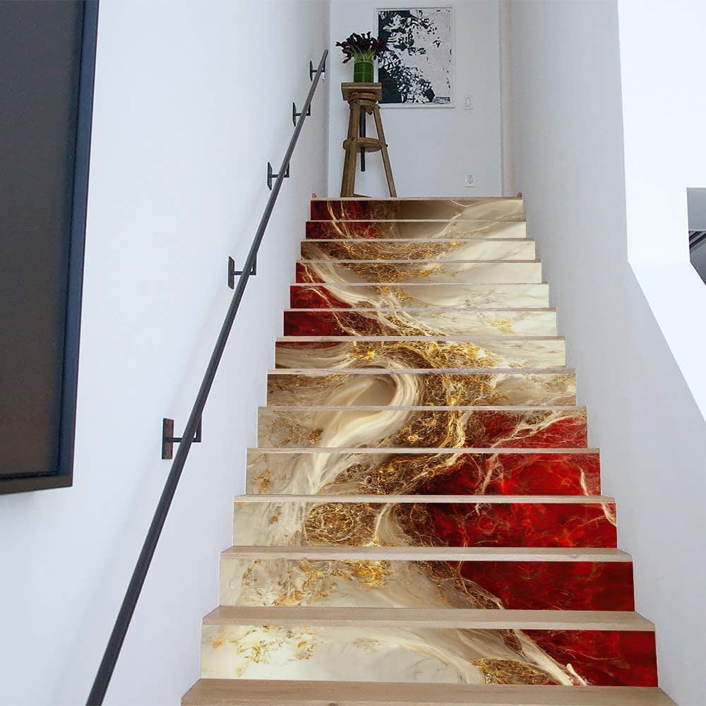 REDAMANCY Golden Ruby Crystal Fluid Marble Geometric Mosaic Peel and Stick Vinyl Stair Riser Decals Staircase Tile Stickers Decor Modern Marble Decoration Self-Adhesive(14 Pcs)