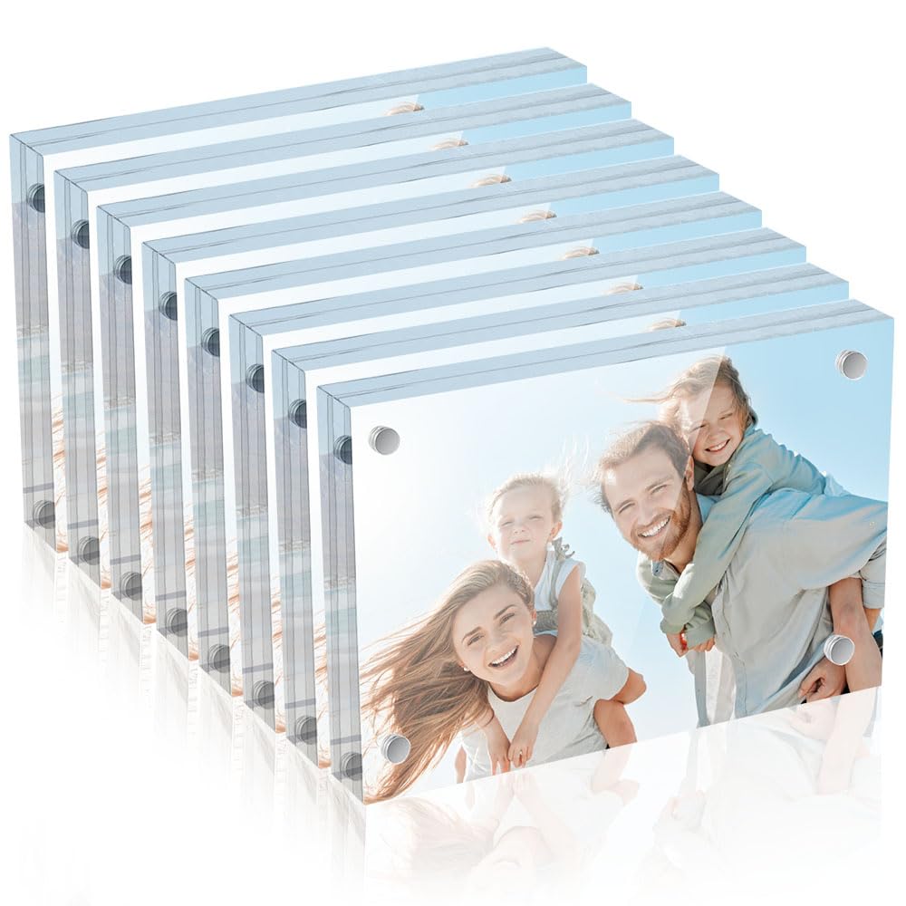 Airsnigi 5 x 7 Acrylic Picture Frames 8 Pack, Clear Picture Frames Frameless Magnetic Picture Frame Double Sided Magnetic Photo Frame Self Standing Desktop Display Stand for Bedroom Living Room Home