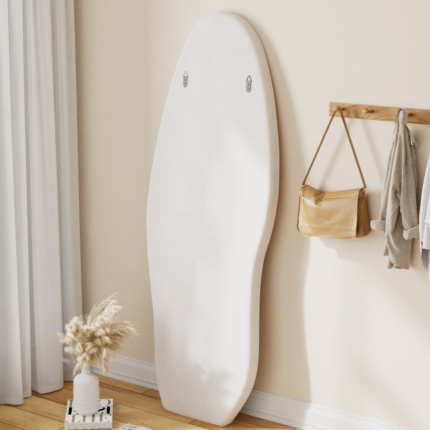 TinyTimes 63" x 24" Full Length Mirror Irregular Wavy Floor Mirror, Standing Wall Mirrors Large Hanging Mirror for Bedroom, Living Room, Flannel Wooden Frame, White