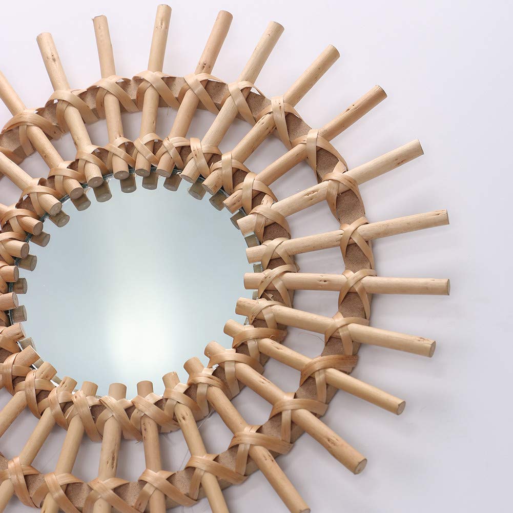 OYPEIP 12" Small Natural Rattan Sunburst Bohemian Hanging Glass Decor,Rustic Handwoven Innovative Art Decoration Round Makeup Mirror for Dressing Living Room Bedroom Bathroom Corridor,Entryway