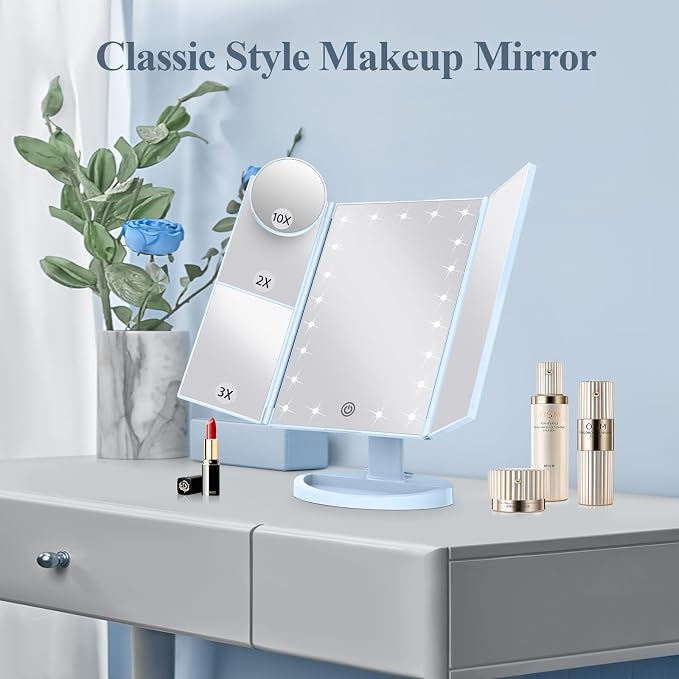 HUONUL Makeup Mirror, Vanity Mirror with Lights, 2X/3X/10X Magnification, Touch Control, Trifold, Dual Power Supply, Birthday Gifts for Women, Wife, Mom, Girls,Dorm Room Essentials