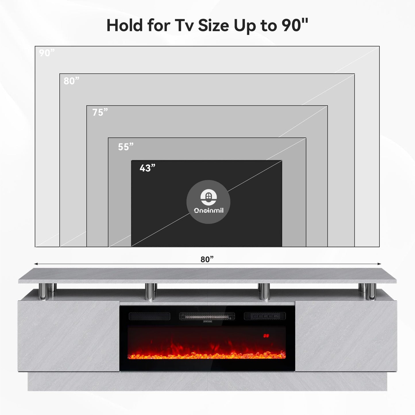 oneinmil Fireplace TV Stand with 36” Electric Fireplace, 2 Tier TV Console Stand for TVs Up to 90"", LED Light Entertainment Center, Fireplace for The Living Room TV Stand, Black, 80''