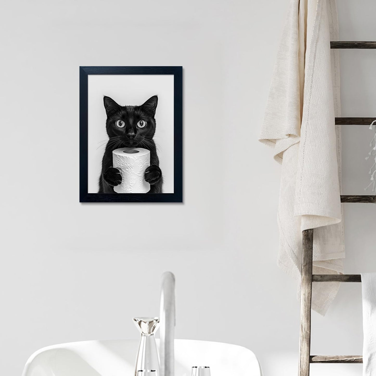 Framed Funny Black Cat Holding Toilet Paper Roll Canvas Print Poster Black and White Bathroom Wall Art Animal Painting Bathroom Pictures Wall Decor