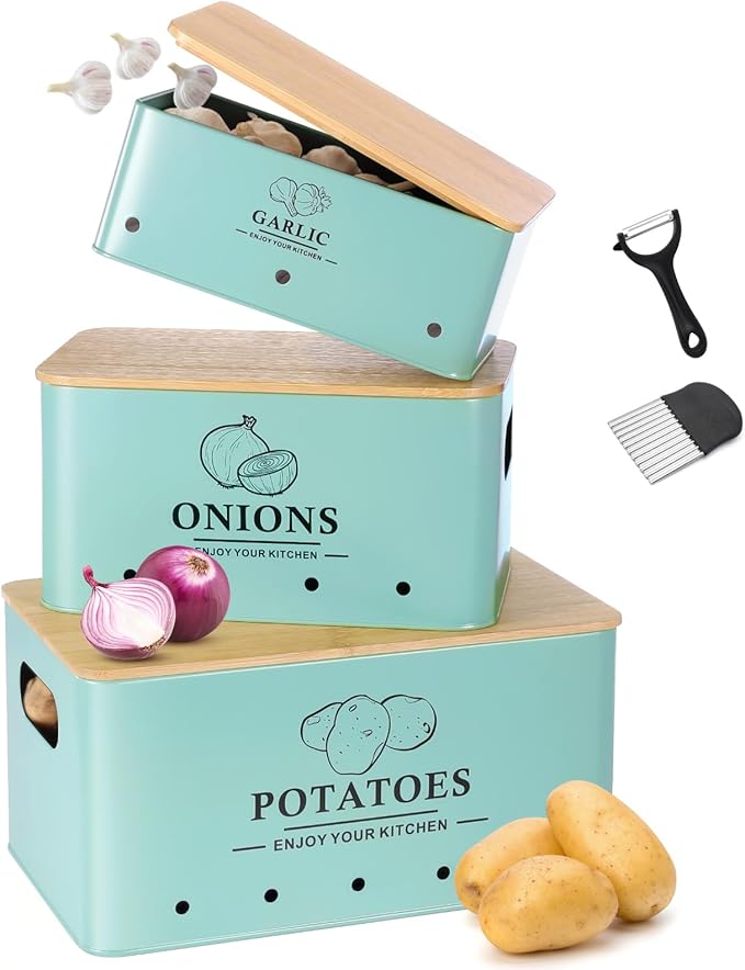 Kitchen Vegetable Storage Set of 3, Metal Onion Garlic Potato Storage Set, Kitchen Canisters Vegetable Keeper Containers with Aerating Holes and Bamboo Lid，Blue