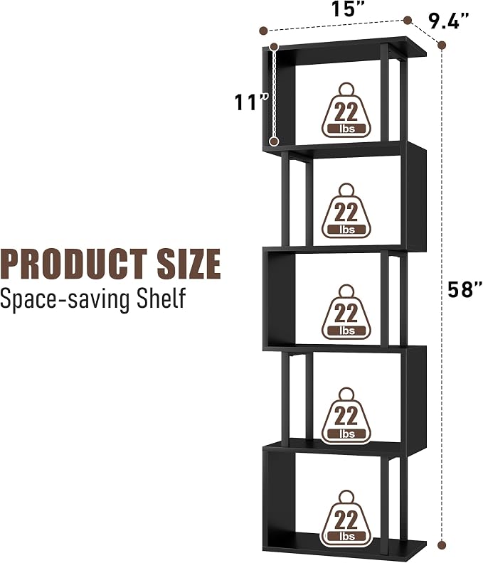 Gadroad 5-Tier Bookshelf, Tall S-Shaped Geometric Bookcase, Wood and Metal Decorative Storage Shelving, Modern Freestanding Display Shelves, Book Shelf Unit for Living Room Bedroom Home Office, Black
