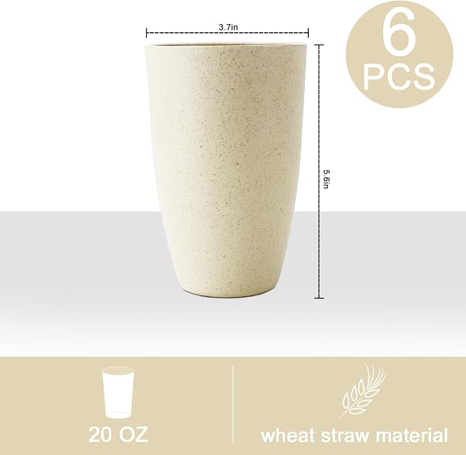 PYRMONT Wheat Straw Cups 20 Oz Alternative Plastic Cups Set of 6 Unbreakable Big Cups for Kitchen Dishwasher & Microwave Safe Large Water Cups for RV,Office-Beige