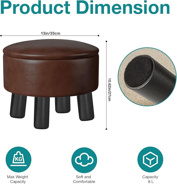 Small Foot Stool Ottoman with Storage, Faux Leather Ottoman Foot Rest for Couch, Round Footstool Ottomans for Living Room (Brown)