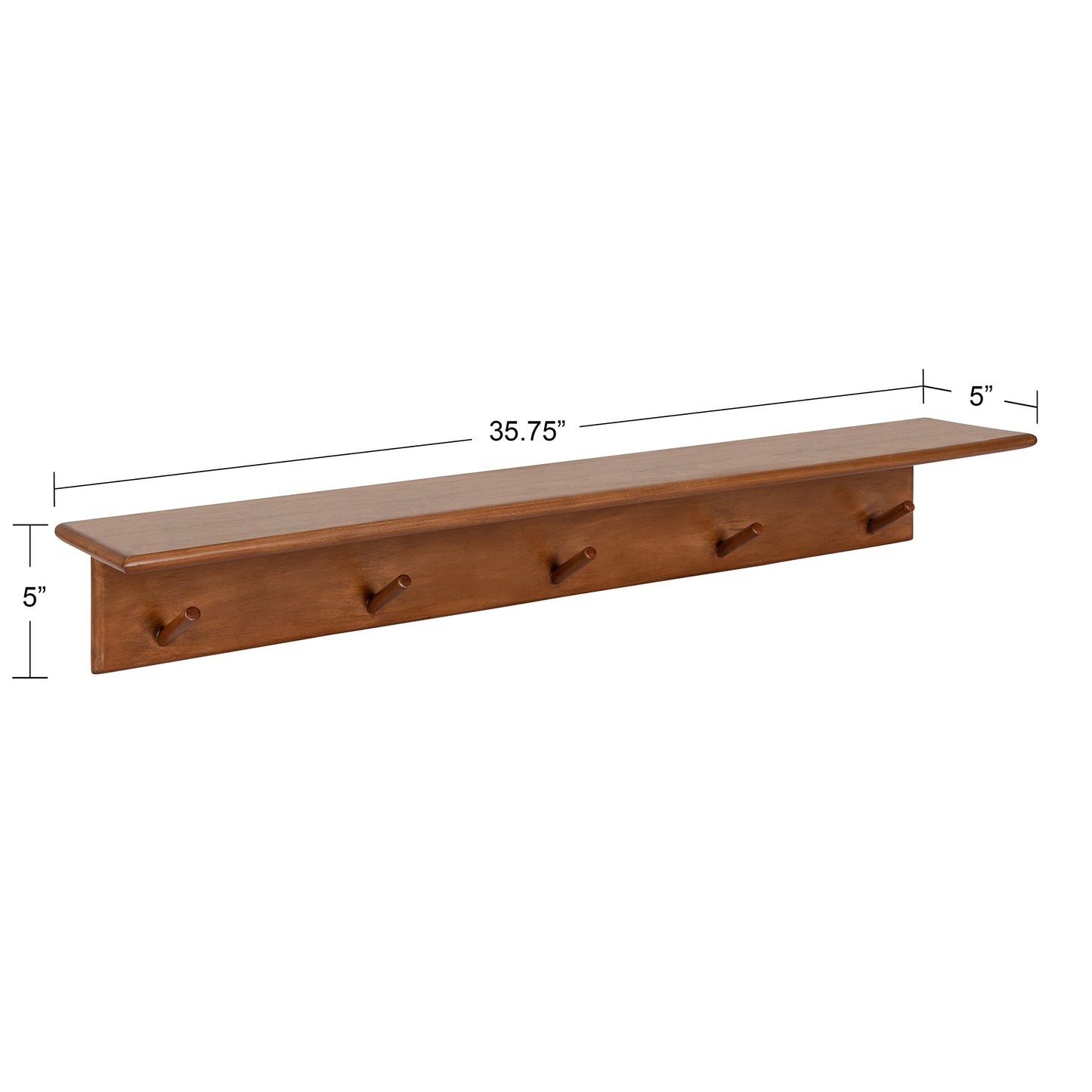 Kate and Laurel Alta Modern Wall Shelf with Hooks; 36 x 5 x 5; Walnut Brown; Decorative Entryway Shelf with 5 Hanging Hooks