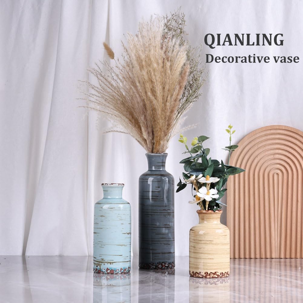 Ceramic Vase Set - 3 Small Flower Vases Home Decor, Modern Rustic Farmhouse Pottery Vases for Centerpieces, Living Room, Kitchen, Shelf, Bedroom, Bathroom, Fireplace, Table Shelf and Entryway Decor