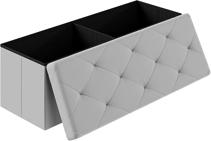 Sweetcrispy 43 Inches Folding Ottoman with Storage Bench, Foot Rest Stool, End of Bed Storage Bench Upholstered, Load 660 lbs, for Living Room, Synthetic Leather, Grey
