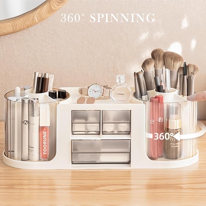 360 Rotating Makeup Brush Holder with 3 Drawers, Makeup Organizer Countertop with 10 Slots Pencil Holder for Countertop + 3 Drawer, Makeup Organizer Countertop for vanity (White (3 Drawer))