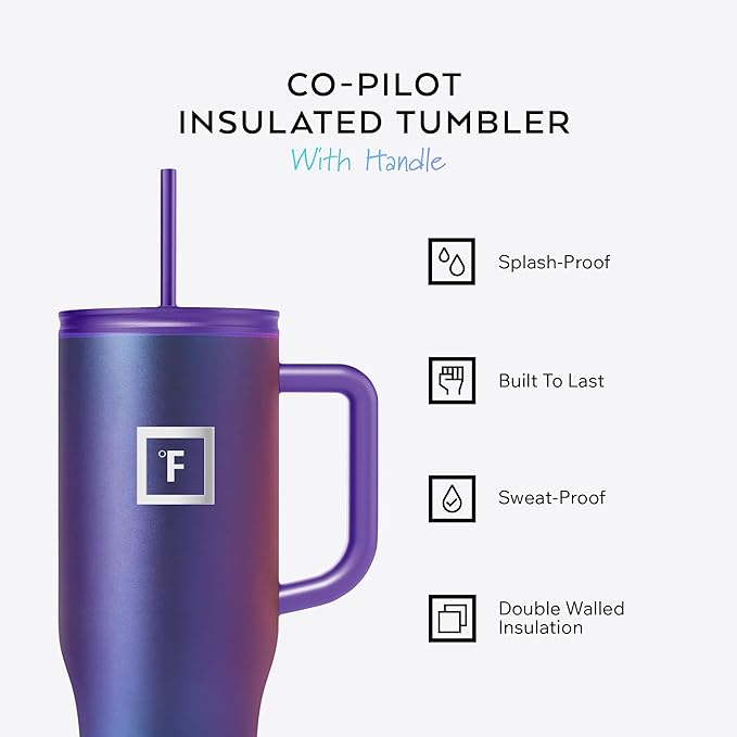IRON °FLASK Co-Pilot Insulated Mug w/Straw & Flip Cap Lids - Cup Holder Bottle for Hot, Cold Drink - Leak-Proof- Water, Coffee Portable Travel Tumbler - Cosmetic Pink, 40 Oz