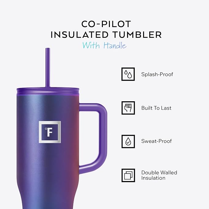 IRON °FLASK Co-Pilot Insulated Mug w/Straw & Flip Cap Lids - Cup Holder Bottle for Hot, Cold Drink - Leak-Proof- Water, Coffee Portable Travel Tumbler - Black Speckle, 40 Oz