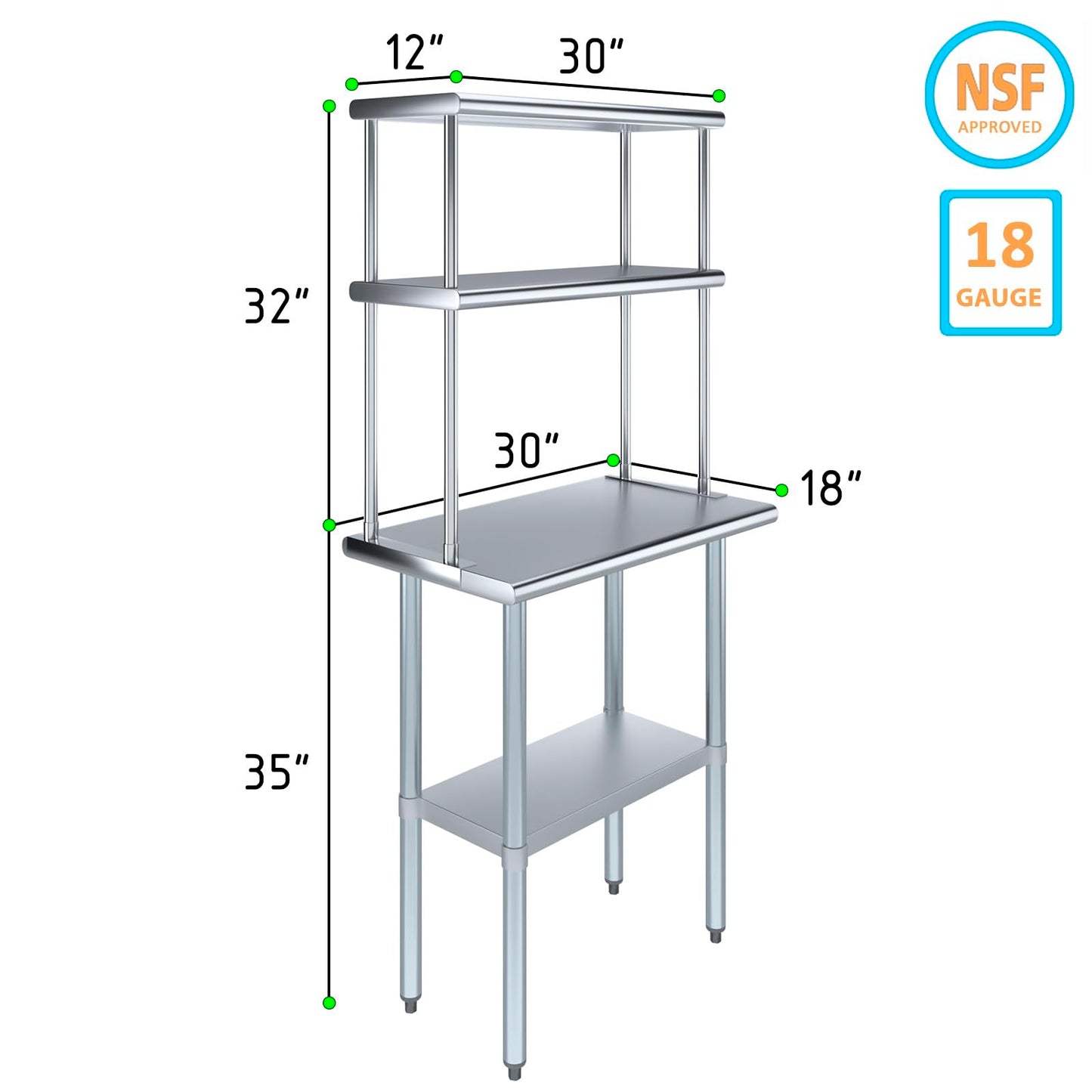 KPS Commercial Stainless Steel Work Prep Table 18" x 30" with 12" x 30" Double Overshelf | NSF Certified | Adjustable Undershelf & Fixed Top Shelf – Kitchen & Utility Use