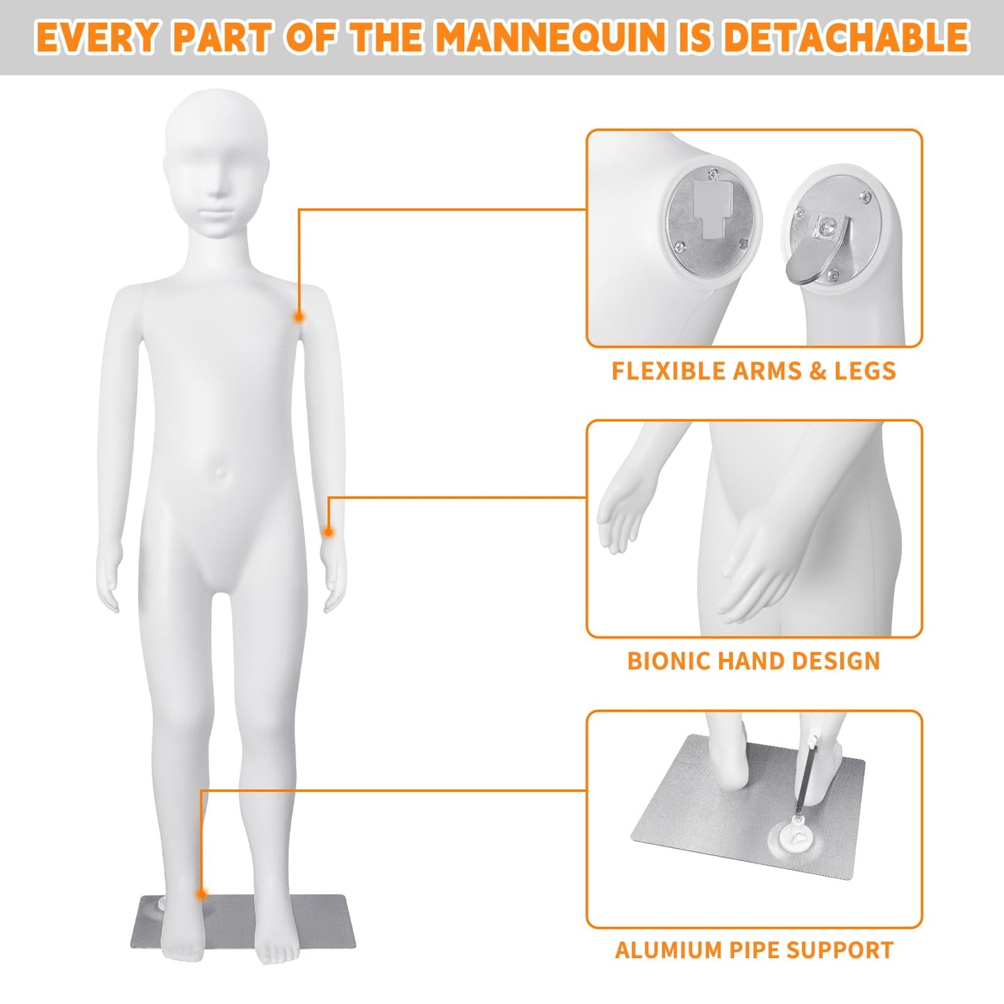 Kids Dress Form Child Mannequin Full Body Sewing Manikin 43.3 Inch Poseable Mannequins with Stand Realistic Mannequins Display Head Dress Mannequin Clothing Form Metal Base Connector, White (Child 4