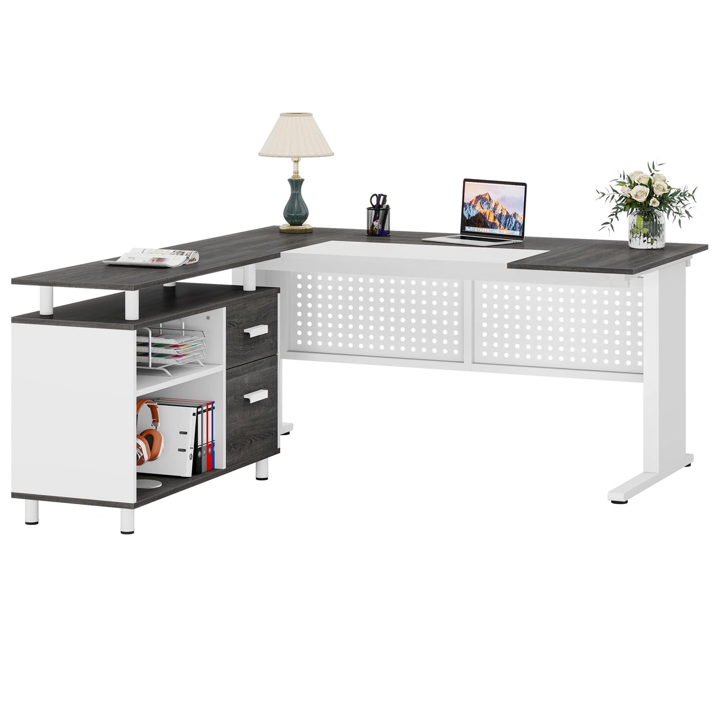 Tribesigns 63 Inch Executive Desk with File Cabinet, L Shaped Office Desk with Drawers and Storage Shelves, Business Furniture Set Workstation for Home Office, Gray and White