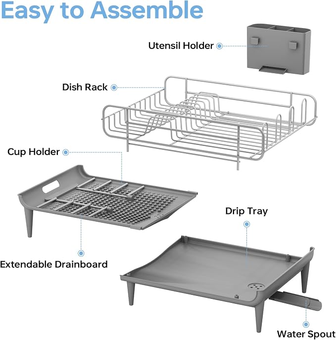 TOOLF Large Dish Drying Rack, Expandable Dish Rack for Kitchen Counter, Multifunctional Dish Drainer, Organization and Storage Essentials with Cup & Cutlery Holders, 16.7"-26.8" L x 12.6" W, Gray