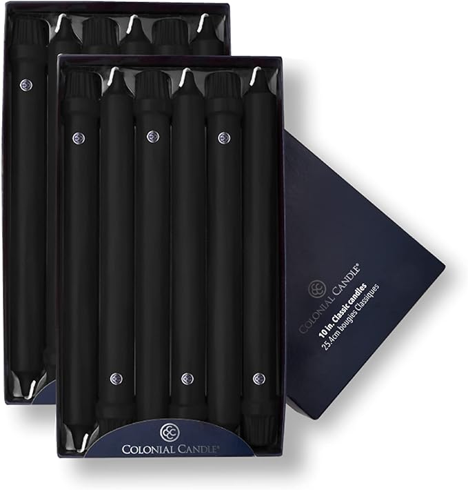 Colonial Candle Unscented Taper Candle, Classic Collection, Black, 10 in, Pack of 12 - Up to 8 Hours Burn