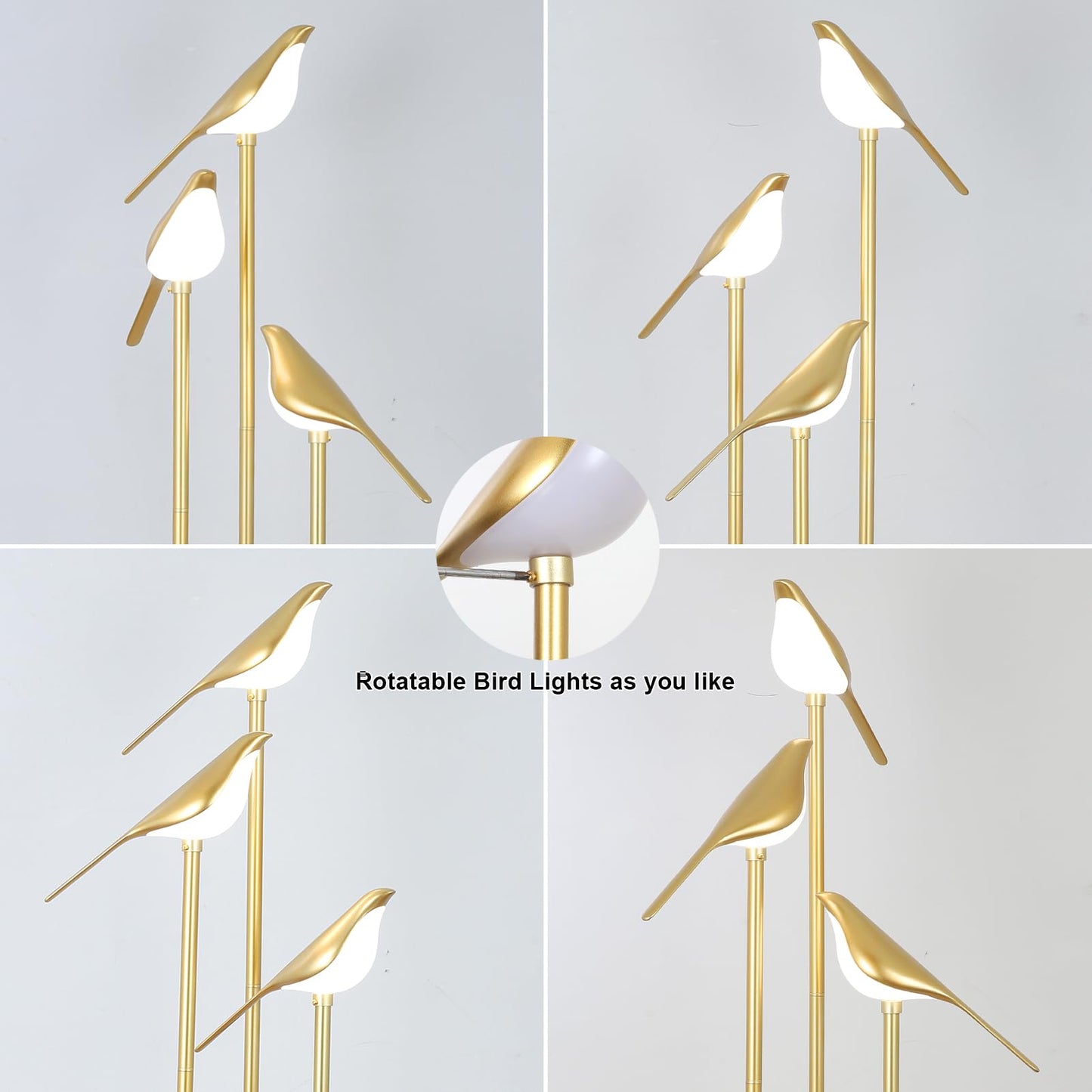 Gold Floor Lamps for Living Room, Modern Floor Lamp with Shelves, Mid Century Standing Lamp with 3 Adjustable LED Bird Lights, Corner Tall Lamp with Table, Brass Stand up Lamp for Bedroom Kids Room