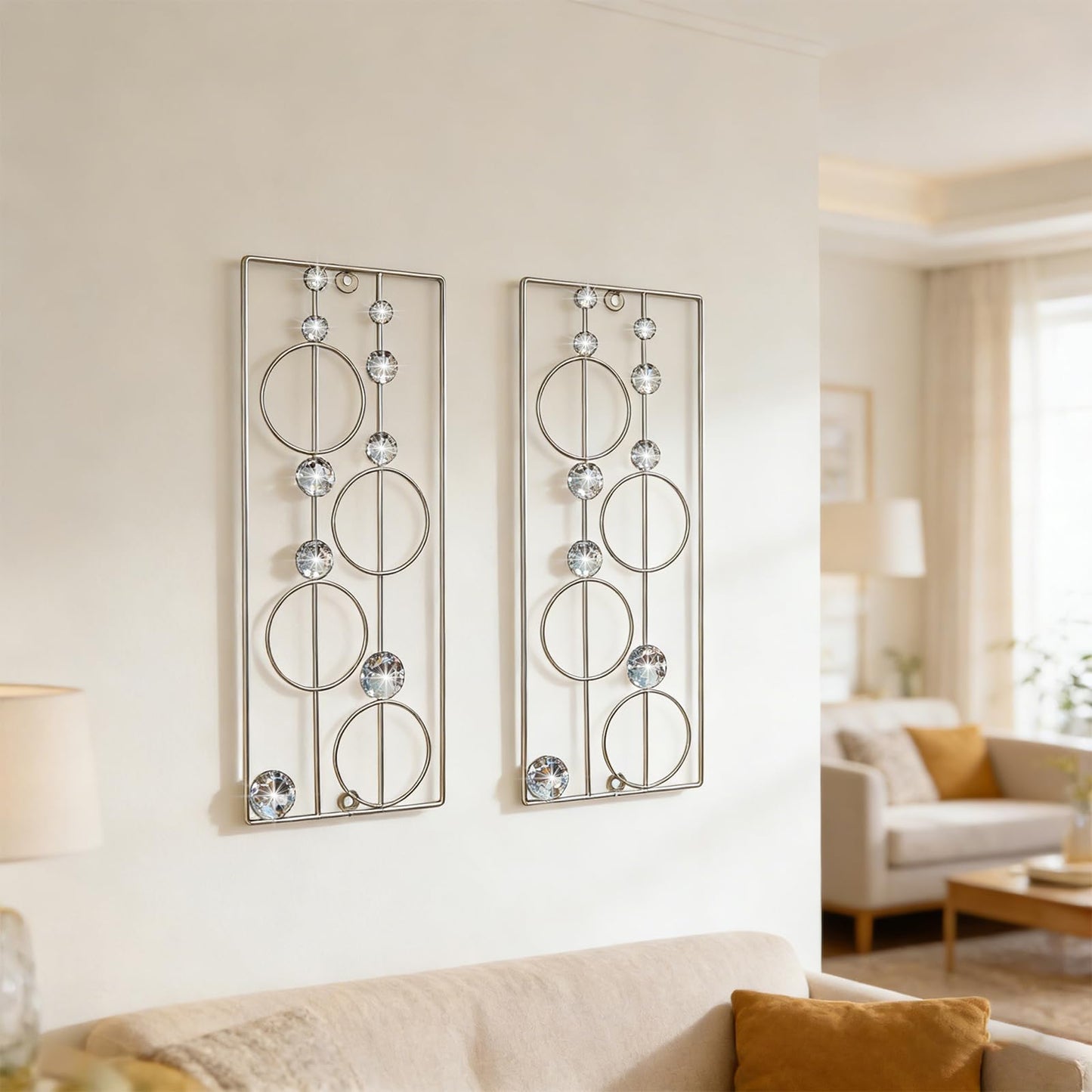 ZEXUIRU 2 Pack Bling Abstract Metal Wall Art Minimalist Line Jeweled Crystal Wall Decor Modern Geometric Rhinestone Hanging Wall Sculpture for Living Room Bedroom Bathroom Office