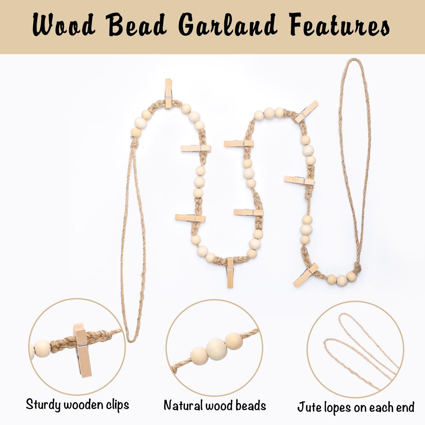 Hanging Photo Display Wall Decor, 3Pcs Boho Wooden Bead Garland Picture Banner Collage Picture Card Frame Holder with 30Clips, 24 Wooden Pegs for Bedroom, Living Room Teen Girl Gifts