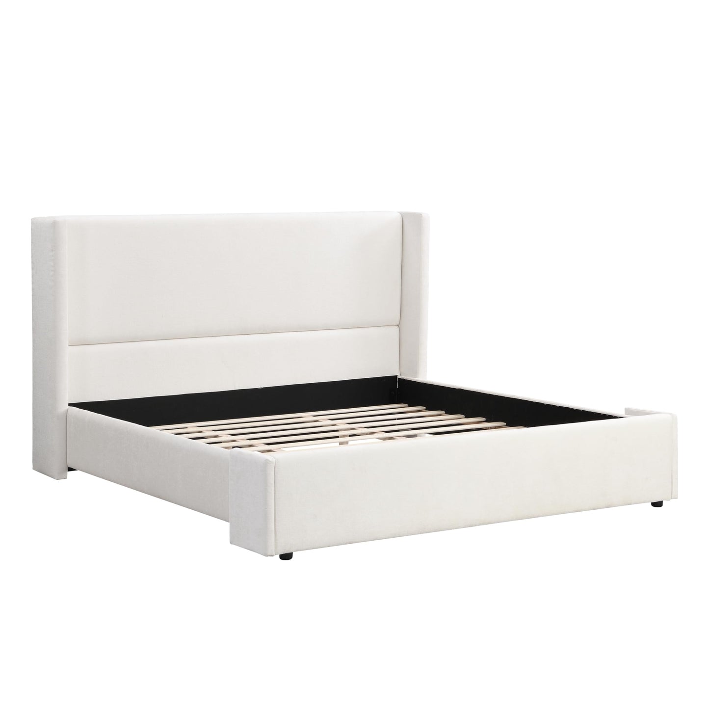 Merax King Size Bed Frame, Elegant White Upholstered Platform Bed with 41.1" Tall Wingback Headboard for Bedroom, Solid Wood Slats Support, No Box Spring Needed, Easy Assembly