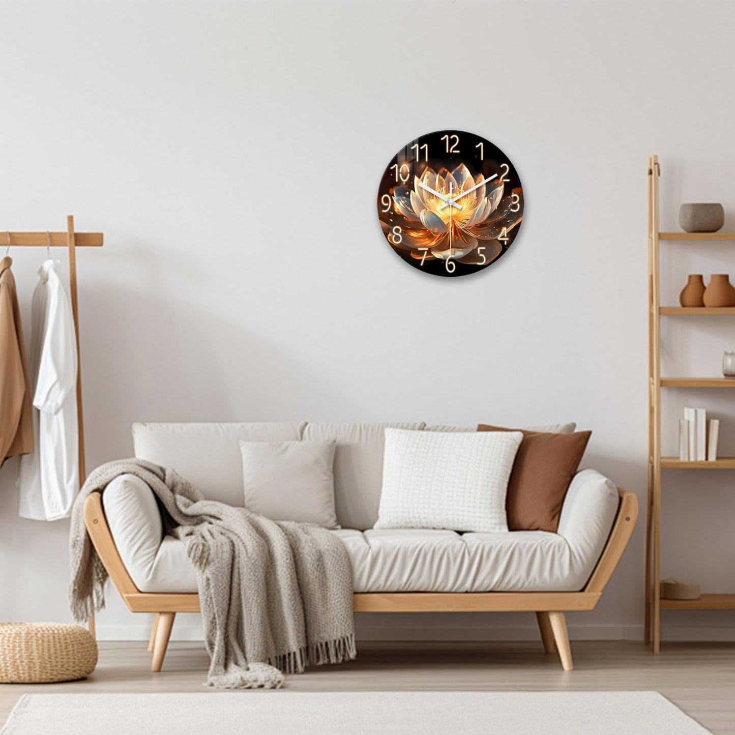 XFM Lotus Flower Wall Clock 16 inch Round Silent Wall Clocks Battery Operated Modern Floral Decorative Wall Clock for Bedroom Kitchen Living Room Bathroom