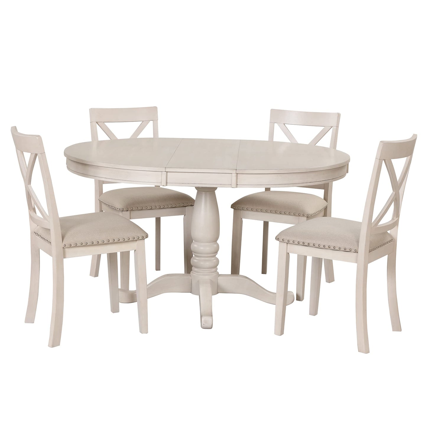 GDFStudio Modern Round Dining Table Set for 4, 5-Piece Kitchen Table with Extendable Oval Top and 4 Solid Wood Chairs, Small Space Furniture for Dining Room, Breakfast Nook, Dinette, Antique White