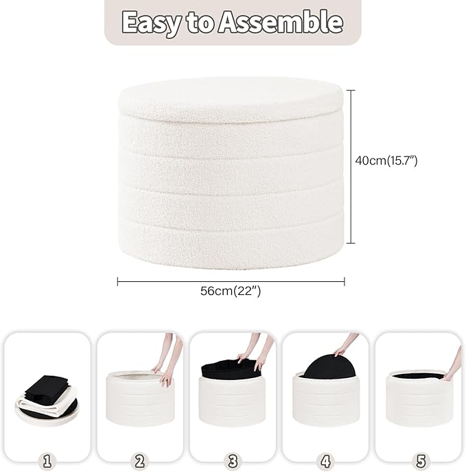 PINPLUS Round Ottoman with Stroage, Boucle Storage, Foot Stool Foldable Coffee Table Ottoman for Living Room, Bedroom, Dorm (White)