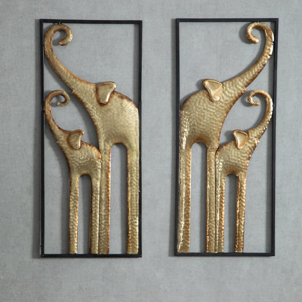 HKaikzo Gold Elephant Wall Decor Set of 2, African Metal Wall Art Large 3D Sculptures for Living Room, Boho Animal Decorations Modern Wall Hanging Gift for Housewarming(11.8x27.6in)