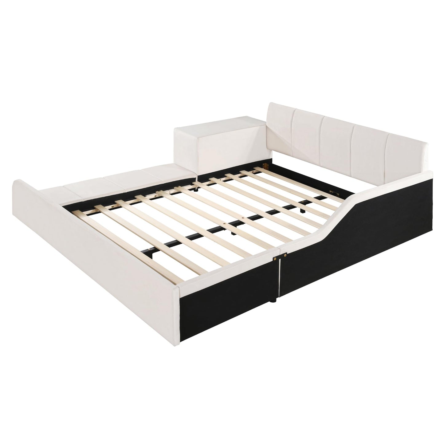 Merax Full Size Velvet Bed Frames Upholstered Grounded Bed, Wooden Mother & Child Bed with Bedside Desk and Little Round Stool,Kids Adults Bedroom Floor Platform Bed,Beige