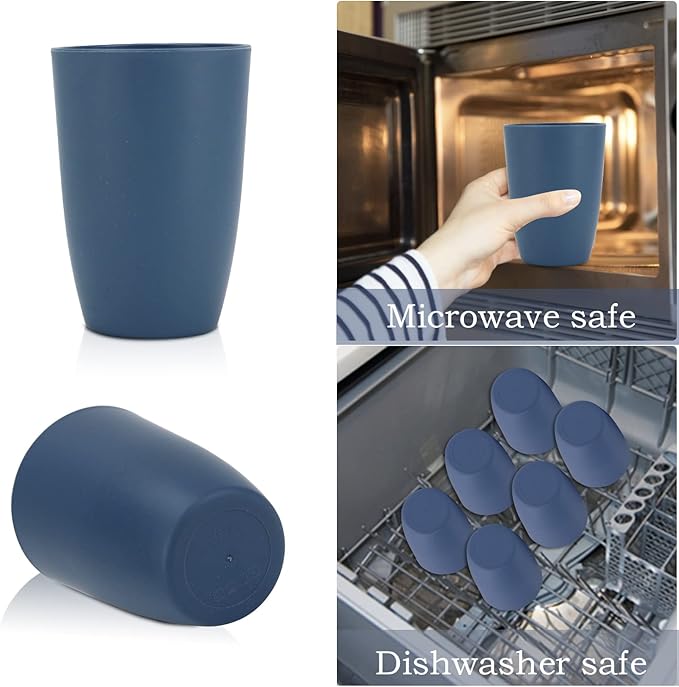 Wrova Wheat Straw Cups 6 PCS Good Alternative to Plastic Reusable Cups 12 oz Unbreakable Drinking Cup Reusable Dishwasher Safe Water Plastic Glasses Navy Blue