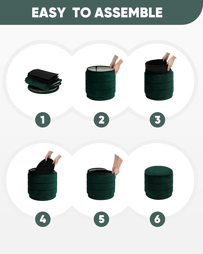 B FSOBEIIALEO Round Velvet Storage Ottoman with Tray, Folding Ottoman with Storage Coffee Table Foot Rest for Dorm Room, Living Room Bottle Green, 15.35"x15.35"x14.57"
