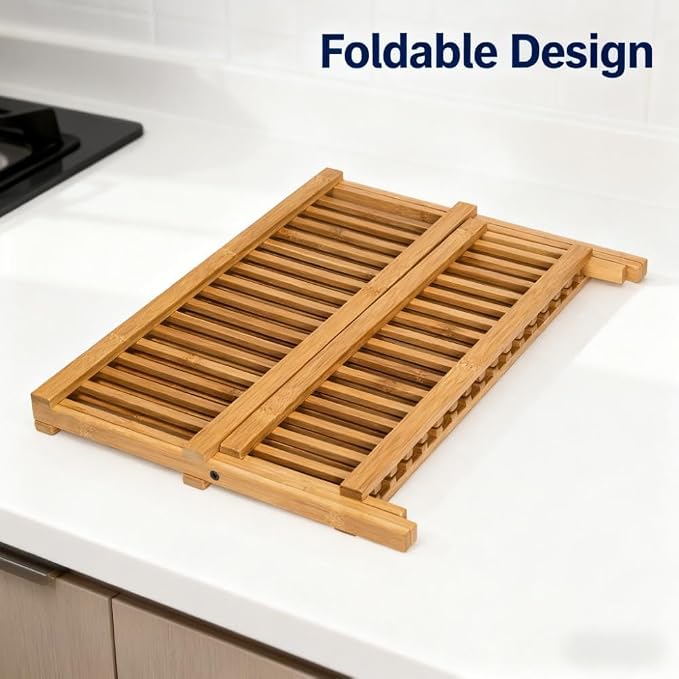 QUEENKAY Dish Drying Rack Collapsible 2-Tier Bamboo Dish Rack for Kitchen Counter Wooden Dish Drainer with Foldable Space-Saving Design for Dishes, Plates, and Cups