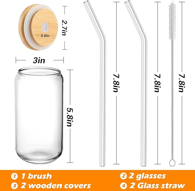 WISIMMALL Drinking Glasses with Bamboo Lids and Glass Straw 2PCS Set, 16oz Glass Cups with Lids and Straws, Beer, Iced Coffee Glasses, Soda, Gift 1 Cleaning Brushes