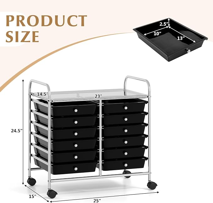 COSTWAY 12-Drawer Rolling Storage Cart, Utility Storage Organizer Cart for Tools, Scrapbook, Paper, Craft, Multipurpose Art Supply Organizer on Wheels for Home Office School, Teacher, Black