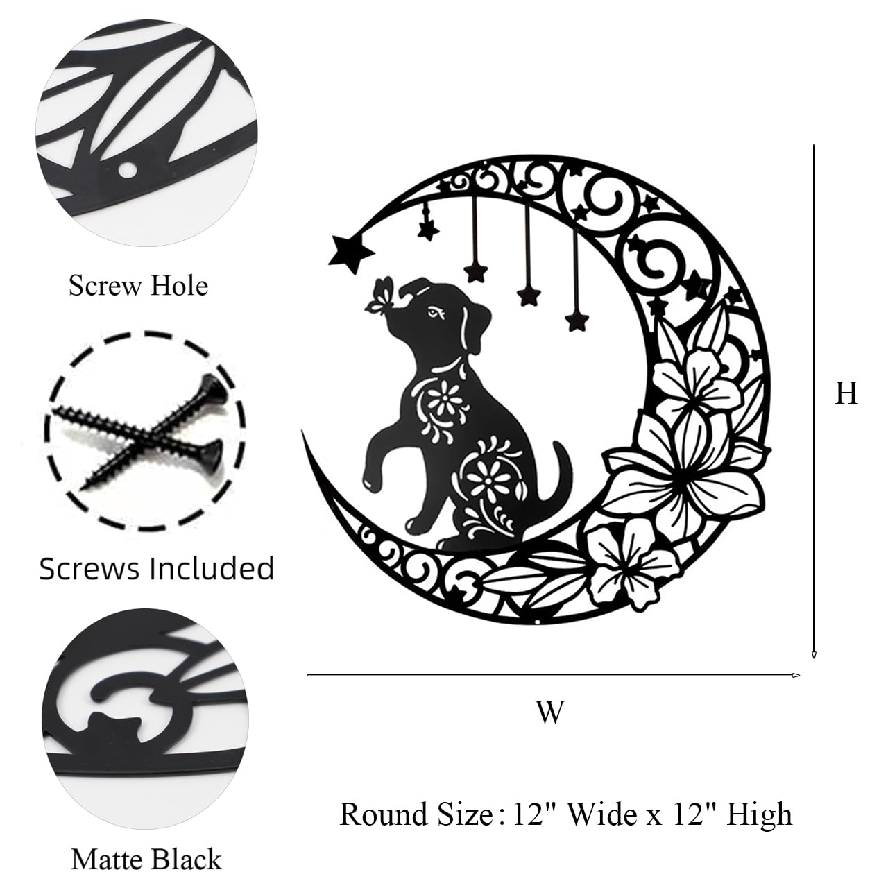 Gemseek Cute Black Metal Dog Wall Decor, 12 Inch Moon Dog Wall Art Hanging Sculpture for Living Room Bedroom Bathroom Decoration Home Accents Dog Lovers Gift
