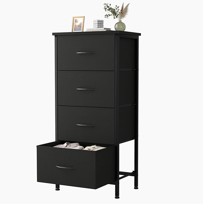 Sweetcrispy 4 Fabric Drawer Small Dresser, Bedside Nightstand with Wooden Top Sturdy Frame, Entryway Closet Bedroom Storage Cabinet Furniture for Dorm,Black