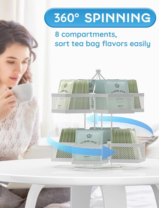 Tea Bag Organizer, Tea Bag Storage Holder Spinning Carousel 96 Teabags Container, Lazy Susan Coffee Creamer Sweetener Tea Caddy for Kitchen Counter Cabinet Pantry Shelf Organizer