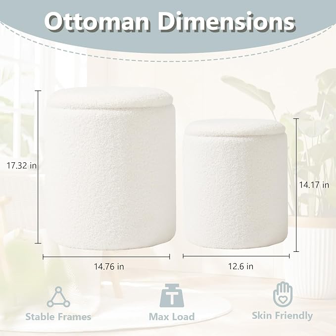Royal Windsor Boucle Round Ottoman with Storage Set of 2,Small Foot Stool Ottoman for Living Room, Small Coffee Table,Vanity Stool with Storage for Bedroom, White