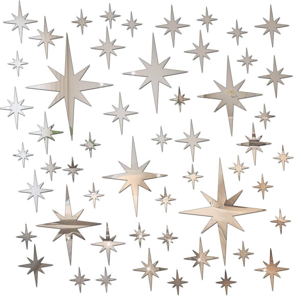 71 Pcs Silver Star Stickers, 3D Acrylic DIY Star Mirror Wall Stickers Decor, Removable Decals Art Self-Adhesive for Home Nursery Classroom Bedroom Interior Wallpaper Background Art Decor