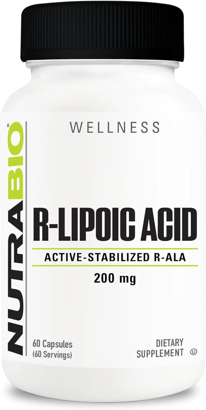 NutraBio R-Lipoic Acid Supplement, 200mg ?“Active Stabilized R-ALA Supplement- Optimized Alpha Lipoic Acid Formula for Better Absorption to Support Health and Wellness- 60 Capsules