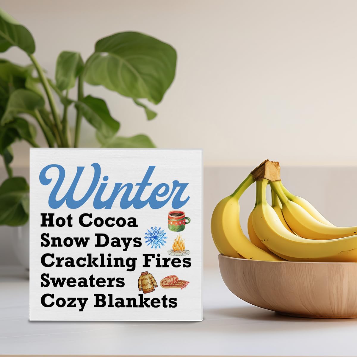 Winter Wooden Block Sign Winter Hot Cocoa Blankets Wooden Box Sign Decor for Home Living Room Kitchen Table Desk Shelf