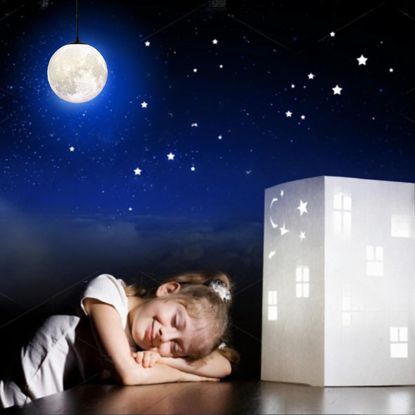 HFUGUD Modern Led Moon Pendant Lights Fixture,Light Up Globe Night Light,3D Printed Galaxy Moon Lamp for Kids and Adults Bedroom Childrens Room Etc Ceiling Light Decor Gift (LED Bulb Included)