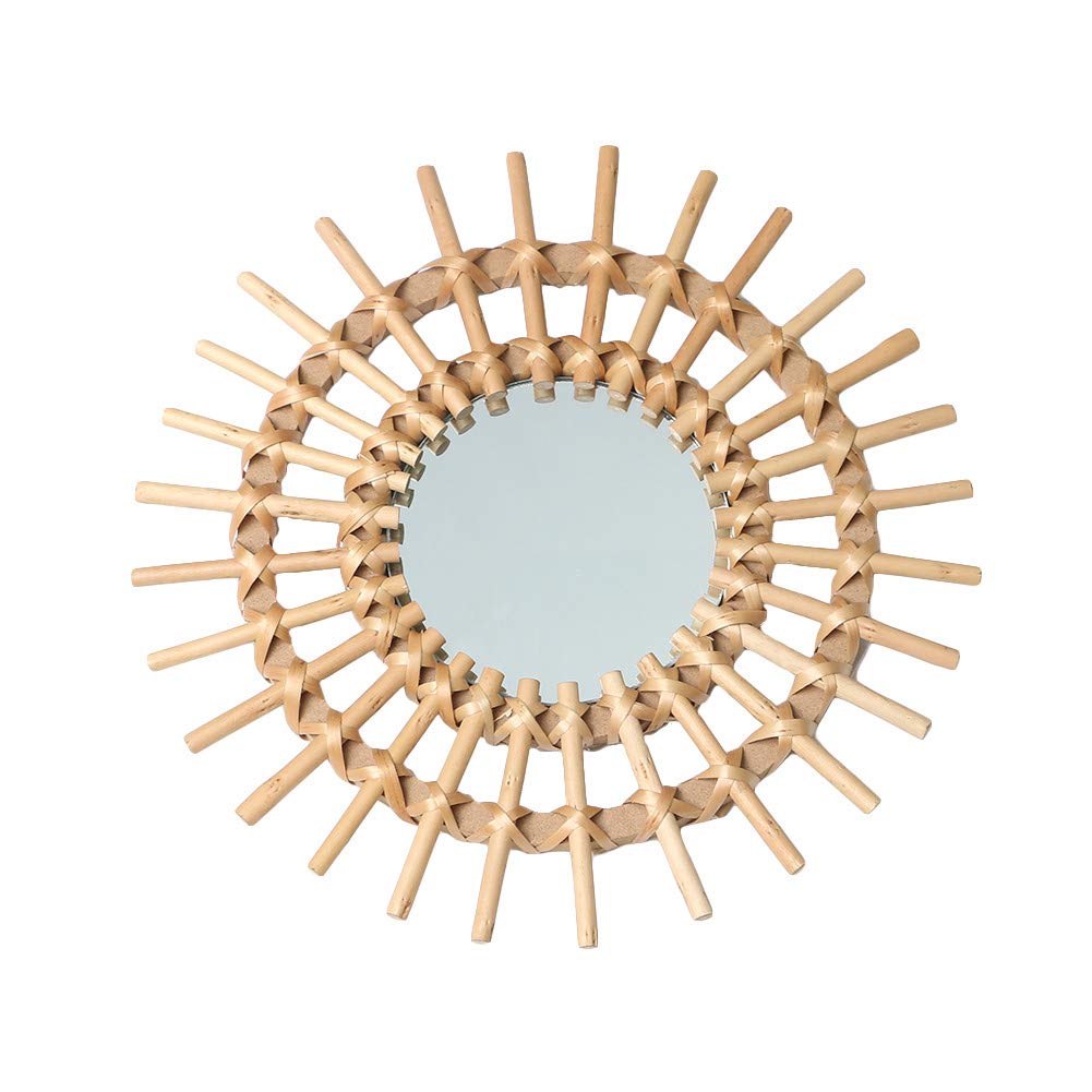 OYPEIP 12" Small Natural Rattan Sunburst Bohemian Hanging Glass Decor,Rustic Handwoven Innovative Art Decoration Round Makeup Mirror for Dressing Living Room Bedroom Bathroom Corridor,Entryway
